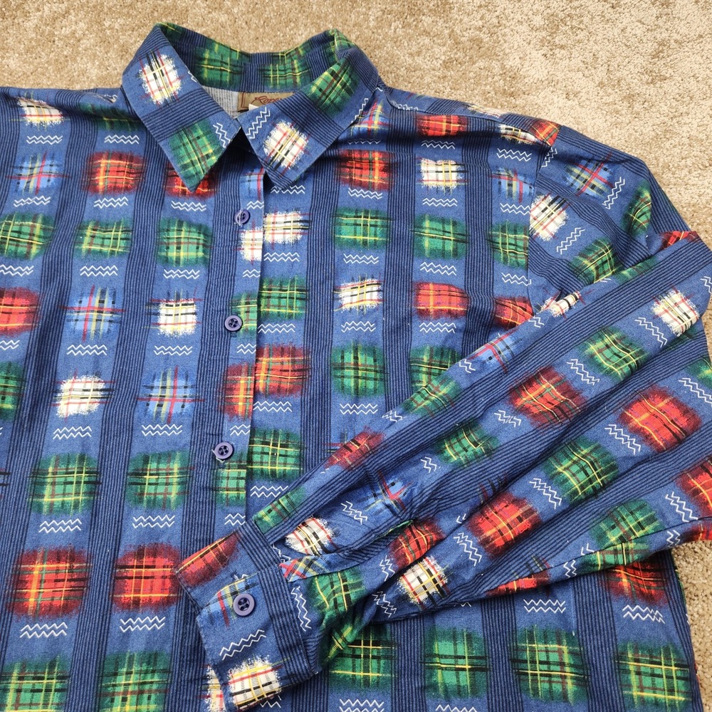 Roper Womens 1X Blue Plaid Patchwork Print Western Button Down Shirt USA Made